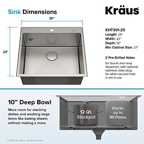 KRAUS Standart PRO 22-inch Drop-In Top Mount 16 Gauge Stainless Steel Single Bowl Laundry Utility Sink, KHT301-22L