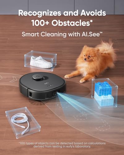 eufy X10 Pro Omni Robot Vacuum and Mop Combo, 8,000 Pa Suction, Dual Mops with 12 mm Auto-Lift and Carpet Detection, AI Obstacle Avoidance, Auto Mop Washing, Auto Drying, Self-Emptying, Self-Refilling