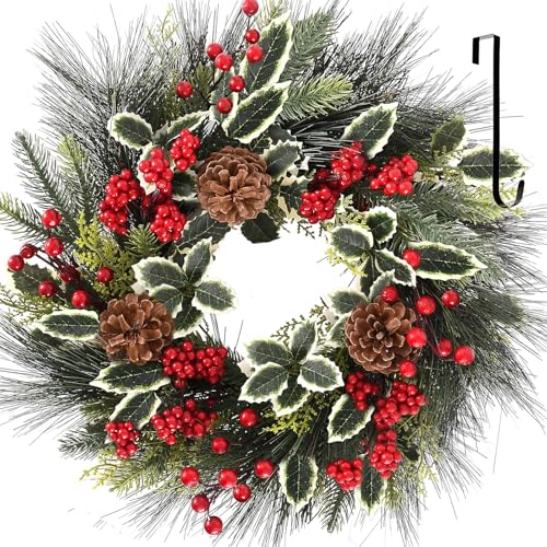 24 Inch Christmas Wreaths for Front Door,Winter Wreaths for Indoor and Outdoor Xmas Decorations,Christmas Door Wreath with Red Christmas Ribbon, Pine Cones for Decor