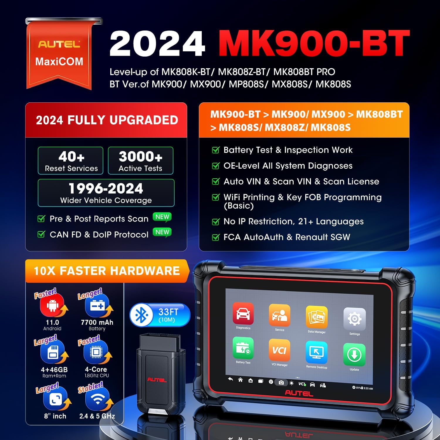 Autel Scanner MaxiCOM MK900-BT, 2024 OS 11 MK900BT Fully Functional Bidirectional Scan Tool, Up of MK900 MX900 MK808BT PRO MK808S MX808S MK808Z, 40+ Reset, CAN FD/DoIP, 3000+ Active Tests, WiFi Print