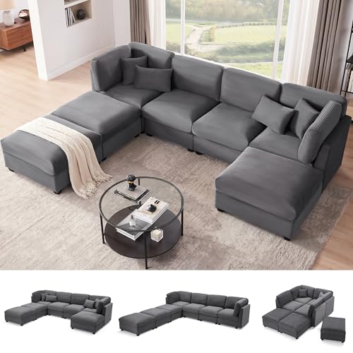 125 Inch Oversized Corduroy Modular Sectional Sofa, U Shaped Modular Couch with Storage, 6 Seat Convertible Corduroy Couch, Comfy Sectional Couches for Living Room with Memory Foam, Grey