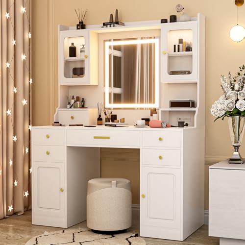 Vanity Desk with Mirror and Lights, 42IN Makeup Table with 6 Drawers and 2 Cupboard Storage, Vanity Makeup with Power Outlet | LED Light with 3 Color Modes | Adjustable Brightness | White
