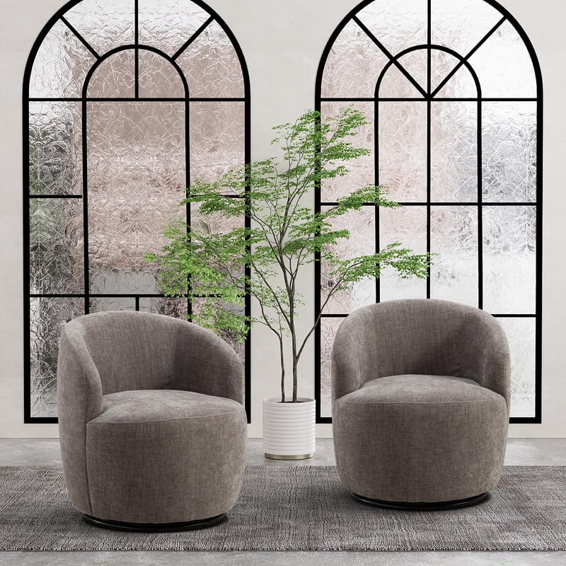 Swivel Barrel Chair Set of 2, 360 Degree Swivel Round Chair, Modern Upholstered Small Round Accent Arm Chairs,Chenille Living Room Barrel Chair, Suitable for Office (Mustard)
