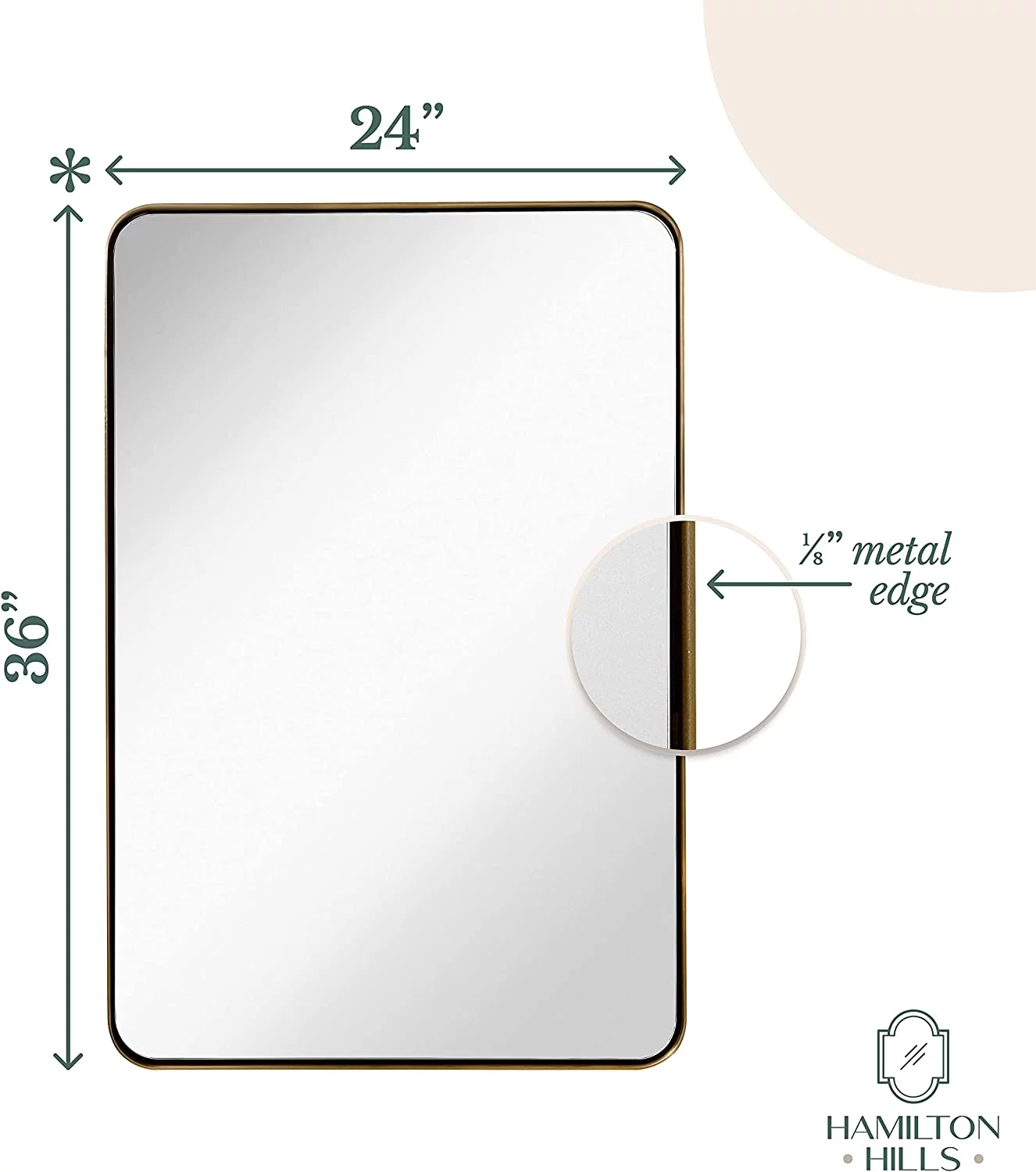 Hamilton Hills Contemporary Brushed Metal Wall Mirror | Glass Panel Gold Framed Rounded Corner Deep Set Design | Mirrored Rectangle Hangs Horizontal or Vertical (24