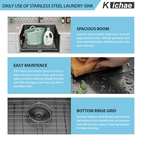 Kichae 12“ Deep Laundry Sink Undermount - 24 Inch Black Undermount Utility Sink Stainless Steel Single Bowl Under Counter Handmade Laundry Utility Room Basin