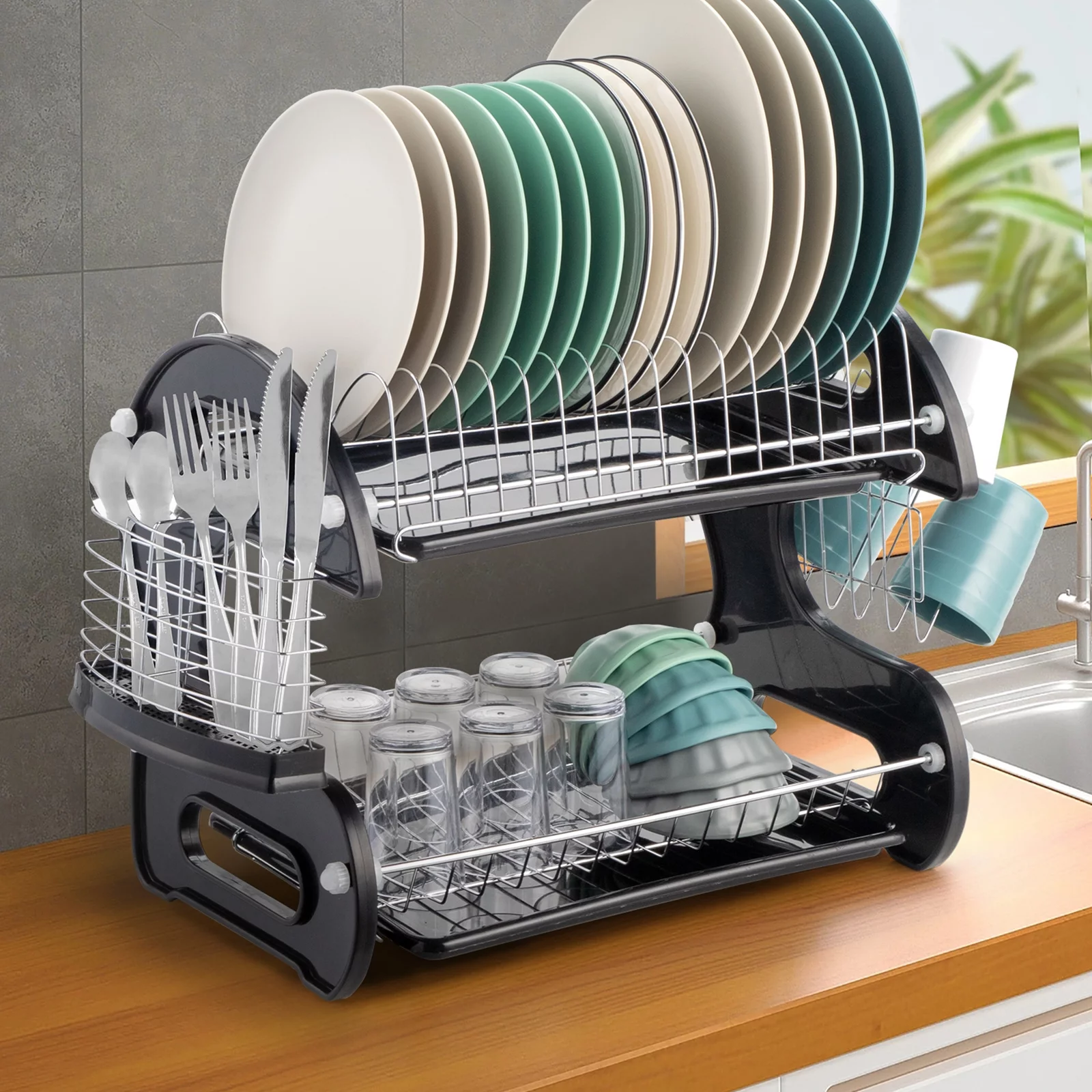 UBesGoo Home Basics Dish Plastic Drainer Washing Dryer, 2-Tier, Black