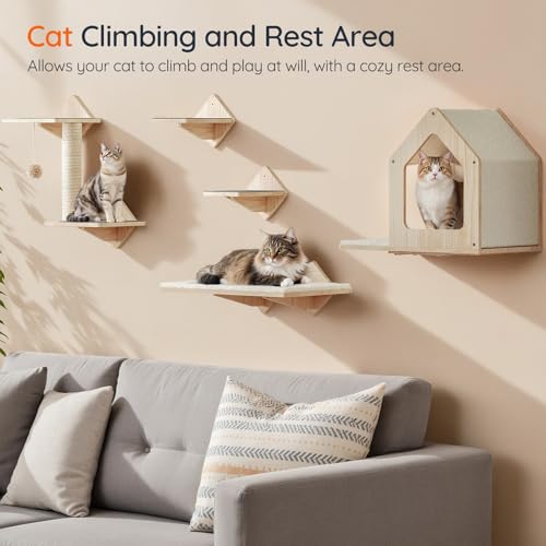 HOOBRO Wood Cat Wall Shelves, Set of 5 Cat Wall Mounted Furniture, Climbing Shelves with House, Steps, Scratching Post, Perch, Sturdy and Anti-Slip, Natural NL43CS03G1