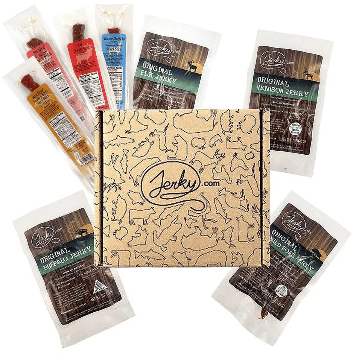 Exotic Jerky Gift Box for Men - 8 Piece Exotic Jerky & Meat Sticks Gift Set - Healthy Exotic Jerky Gift Box Includes Venison, Elk, Buffalo, and Wild Boar Jerky and Meat Sticks - Great Gifts For Men