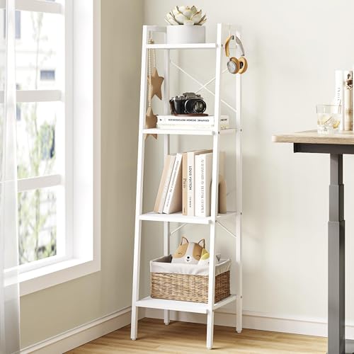 Ladder Shelf, Bookshelf Bookcase, Freestanding Corner Storage Shelve with 2 Hooks for Home Office, Living Room, Kitchen, Bedroom, Industrial, 5-Tier Greige BC03205B