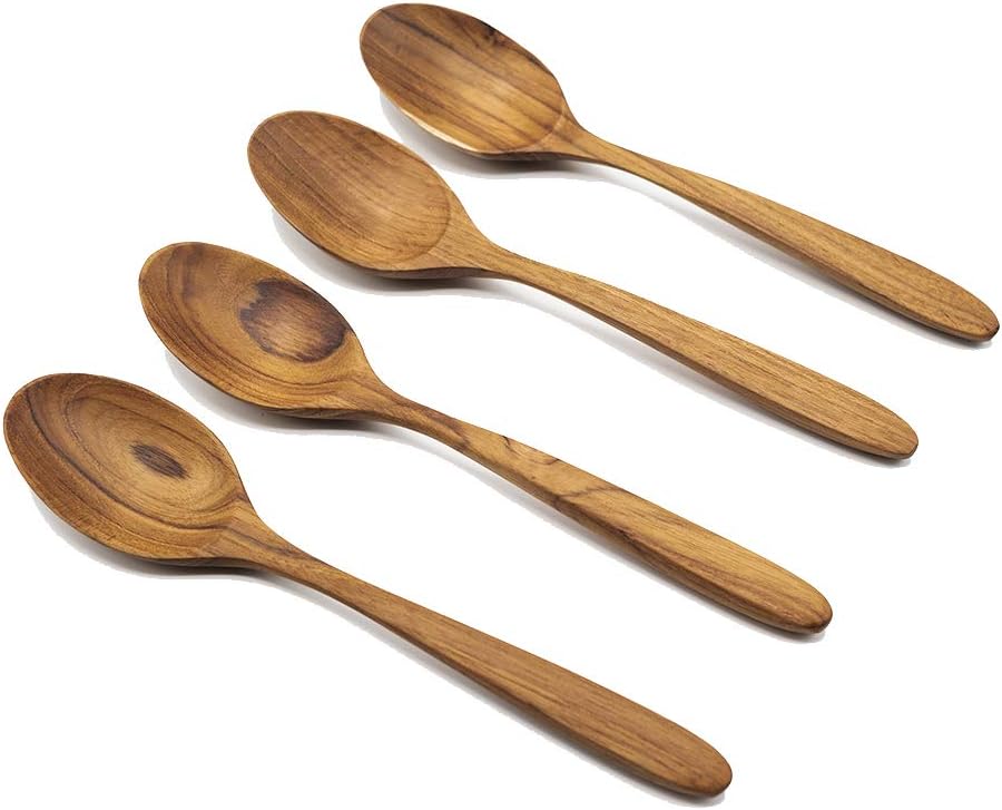 FAAY 4 Pcs Teak Wooden Spoons, 8 Inch Wood Soup Spoons Handcraft from High Moist-resistance Teakwood | Healthy Wooden Spoons for Eating