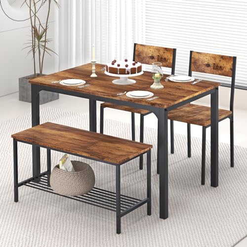 SogesHome 4-Piece Kitchen Table and 2 Chairs for 4 with Bench, Dining Table Set for Small Space, Apartment, Living-Room, Restaurant, Dark Walnut