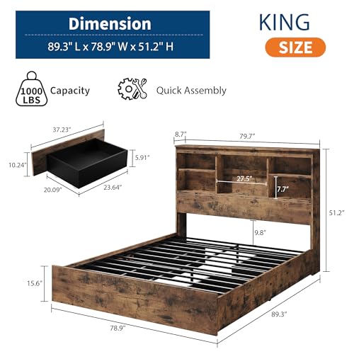 GarveeHome Full Size Bed Frame with High Storage Bookcase Headboard, Wood Bed Frame with 4 Storage Drawers, Built in Charging Station,No Box Spring Needed, Metal Frame, Noise-Free, Vintage Brown