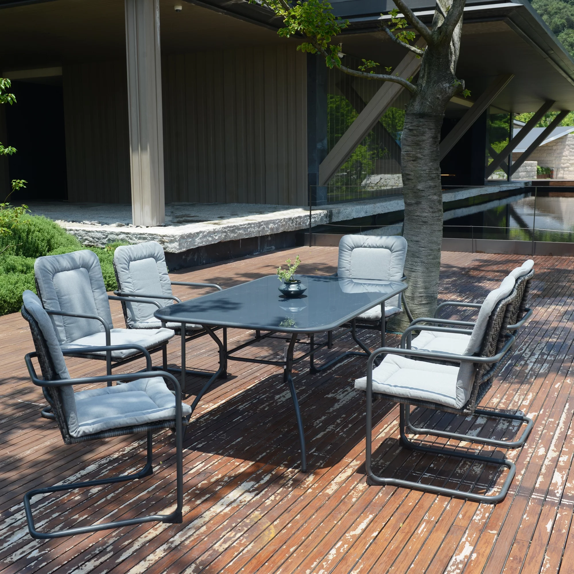 Oasis Casual Emelia 7Pcs Dining Set Six Wicker Spring Chairs,One Tempered Glass Rectangular Table