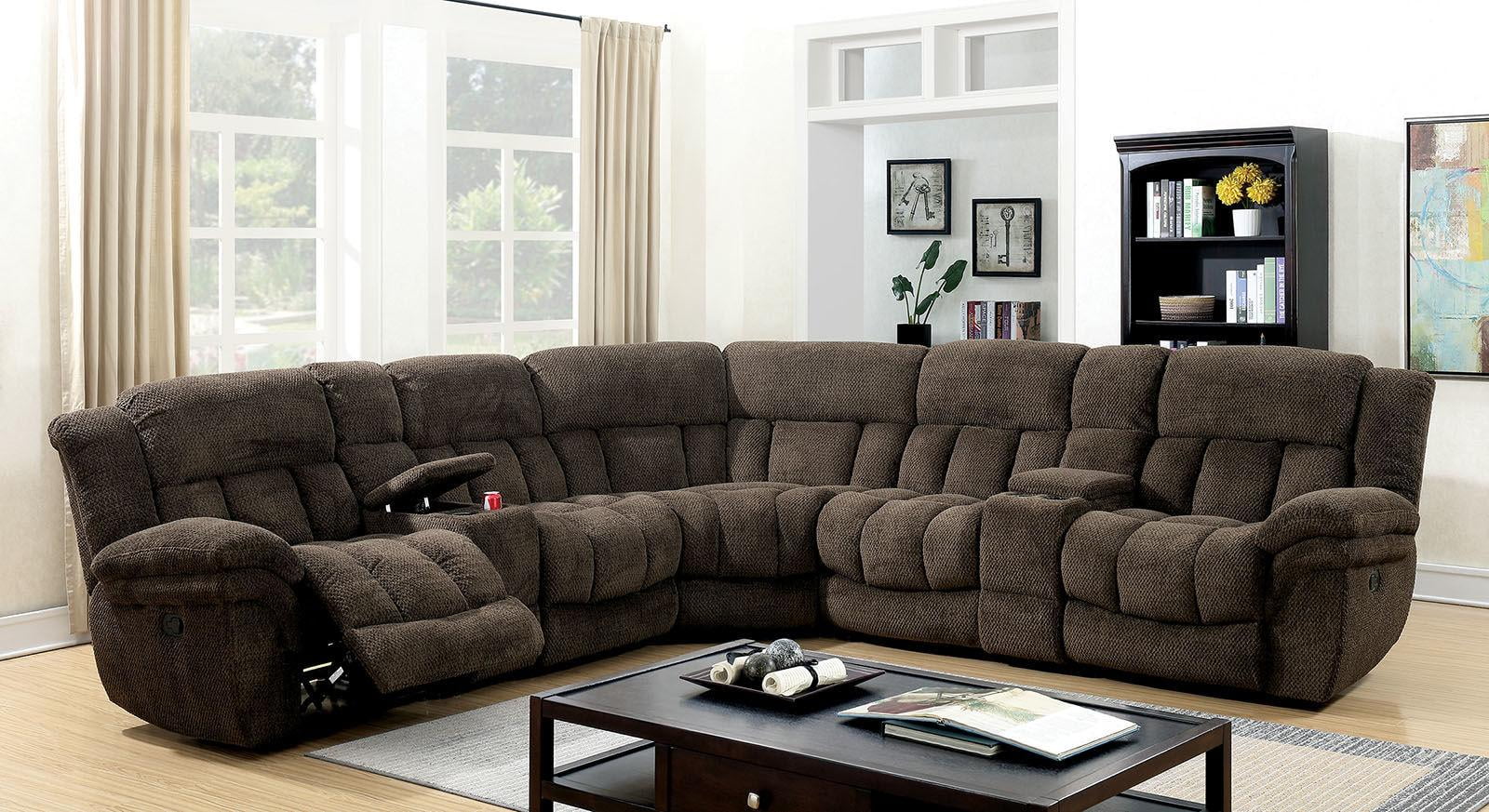 Transitional Brown Flannelette Recliner Sectional FOA CM6585BR-SECT Irene