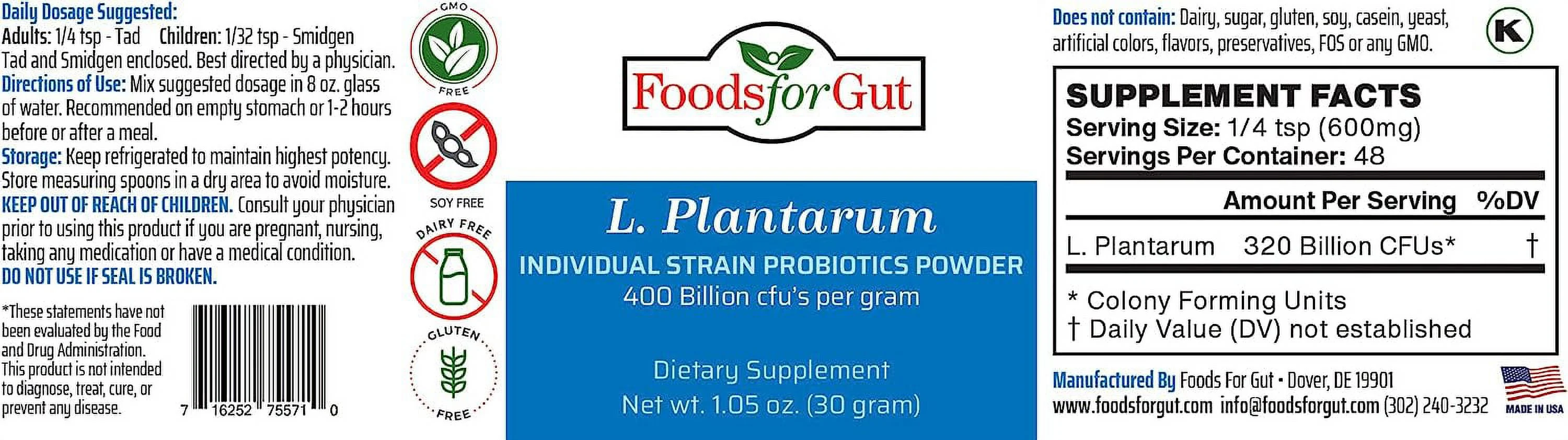 Foods For Gut Lactobacillus Plantarum Probiotic Powder 400 Billion cfu's 30 Gram | Digestive & Immune Support | High Potency | L. Plantarum