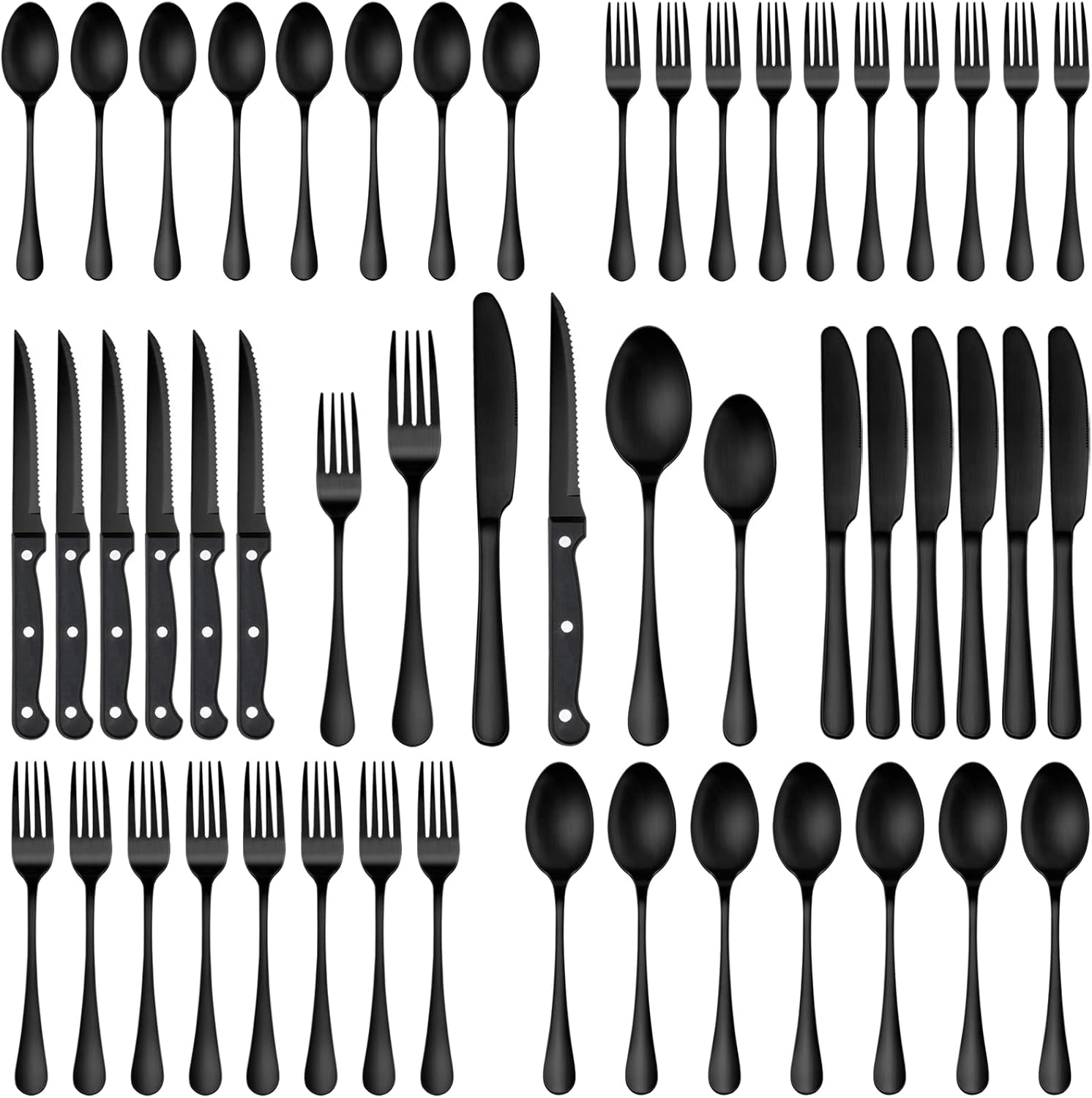 48 Piece Matte Black Silverware Set with Steak Knives, Black Stainless Steel Flatware Cutlery Set for 8, Kitchen Tableware Set, Utensil Sets for Kitchen, Knives Forks Spoon Set, Hand Wash Recommended