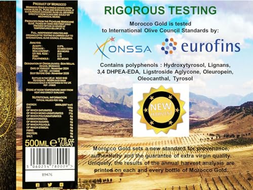 Morocco Gold New Harvest Extra Virgin Olive Oil Early Harvest – Cold Pressed – Polyphenol Rich 652mg/kg EVOO Fresh Harvest Pure and Natural. 500ml/17 Fl Oz