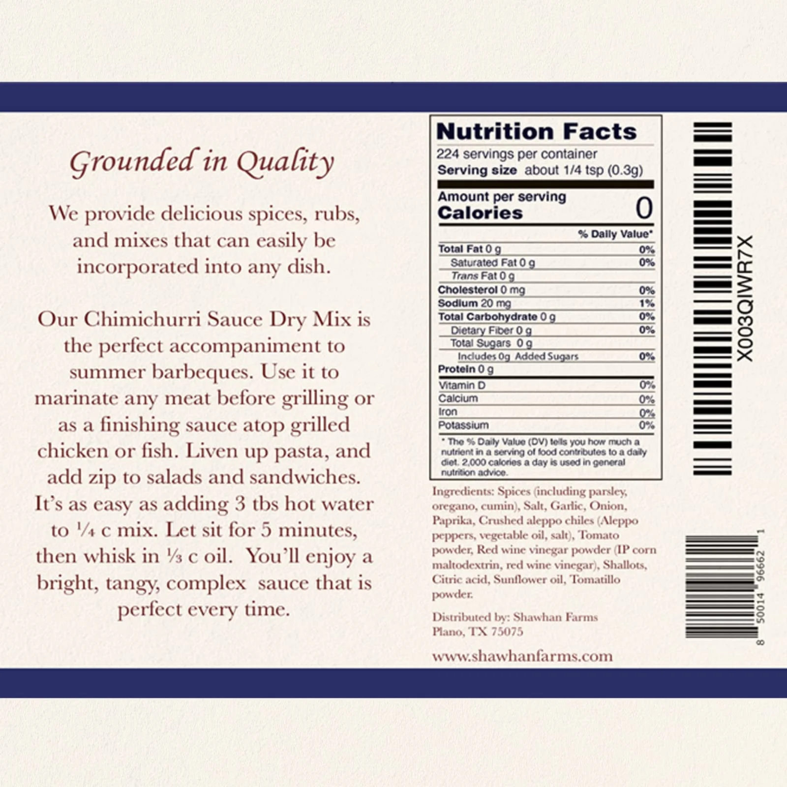Shawhan Farms Chimichurri Dry Sauce Mix - Non-GMO - Ready To Use - Just Add Water and Oil - Perfect For Condiment, Sauce, Rub, Marinade - 2.38 Ounce Shaker Top Jar