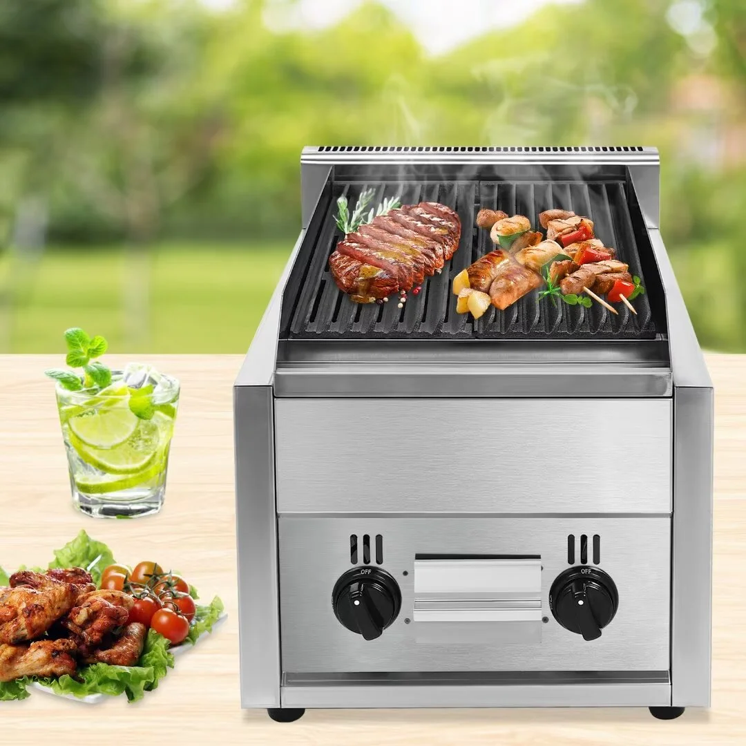 Oukaning Commercial Restaurant Radiant Broiler Char Grill Countertop Gas Grill 2 Burners Stainless Steel