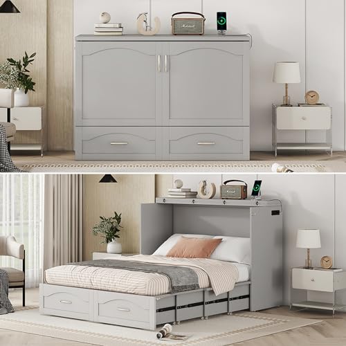 Queen Size Murphy Bed Wall Bed with Storage and Bookcase Headboard, Solid Wood Murphy Cabinets Bed with Shelves, Drawers and USB Ports, Multi-Function Platform Bed for Home Office, Guest Room (White)