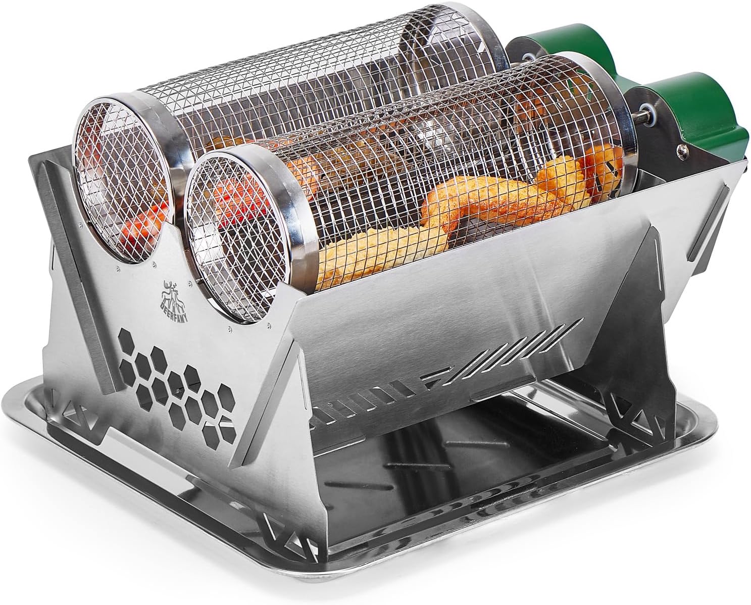 DEERFAMY Charcoal Grill Rotisserie Kit, Electric BBQ Grill with 3 Stainless Steel Rotating Baskets, Auto Swivel Roasting Grill for Backyard Outdoor Patio