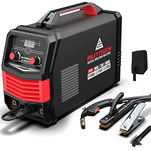 AUTOGEN 200A MIG Welding Machine, 4 in 1 Flux Gas/Gasless/Lift/ARC/TIG Welding Machine, 110V/220V Dual Voltage Stick Welder, Gas Gasless Flux Core Welder
