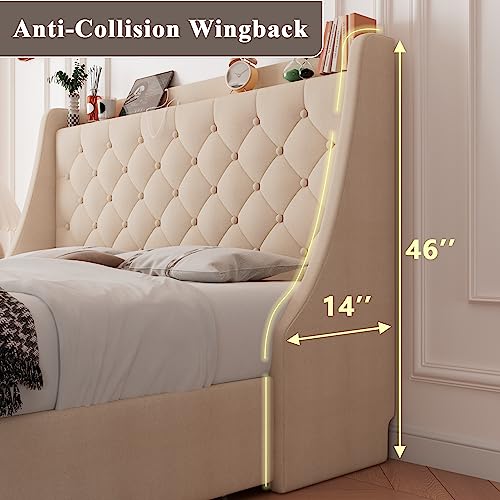 Feonase Upholstered Full Size Bed Frame with 4 Storage Drawers, Charging Station and Tufted Wingback Storage Headboard, No Box Spring Needed, Easy Assembly, Light Grey