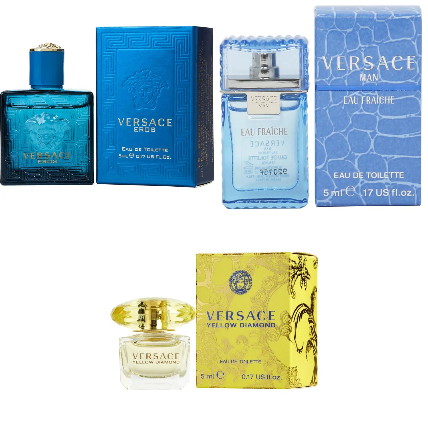 Versace Eros Men EDT, Man Eau Fraiche EDT, Yellow Diamond  EDT - 5ml 3PK Kit