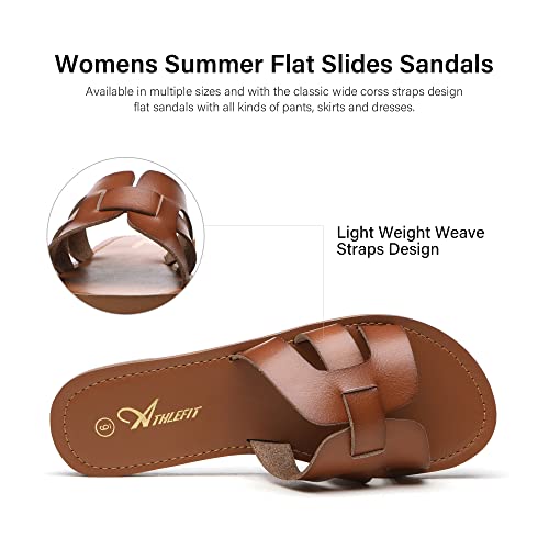 Athlefit Women's Flat Sandals Summer Casual Slip On Leather Slide Sandal