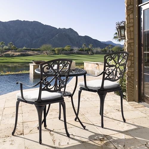 NUU GARDEN Bistro Set 3 Piece Outdoor All Weather Cast Aluminum Patio Bistro Set Patio Table and Chairs Set of 2 with Umbrella Hole and Grey Cushions for Backyard, Balcony, Lawn, Black