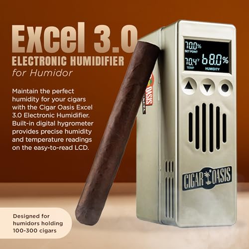 Cigar Oasis Excel 3.0 Cigar Humidor Humidifier -Electric Humidor Humidifier w/ LCD Display, Soft-Touch Buttons, Sensor-Controlled Fan, 100-300 Cigars