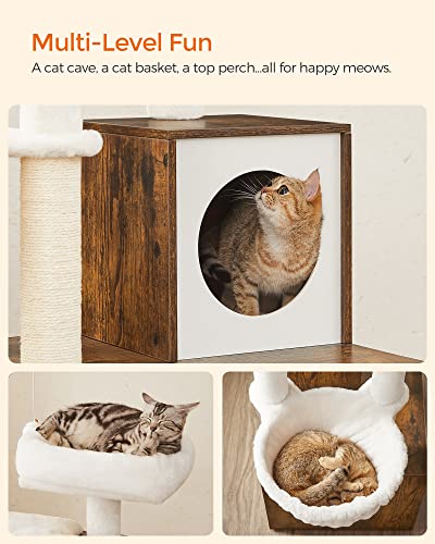 Feandrea Cat Tree with Litter Box Enclosure, 2-in-1 Modern Cat Tower, 55.1-Inch Cat Condo with Scratching Posts, Removable Pompom Sticks, Rustic Brown UPCT113X01