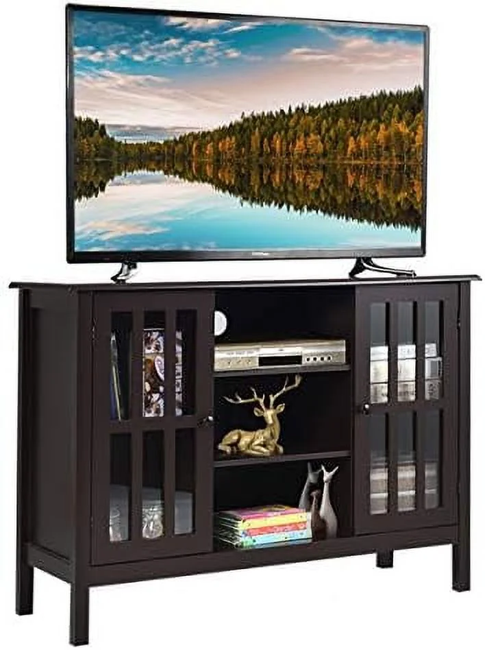 HOOMHIBIU TV Stand  Modern Tall Entertainment Center for TVs up to 50"  Media Console w/2  Cabinets & 3 Open Shelves  Wire Hole  Wood TV Console Table for Living Room  Brown