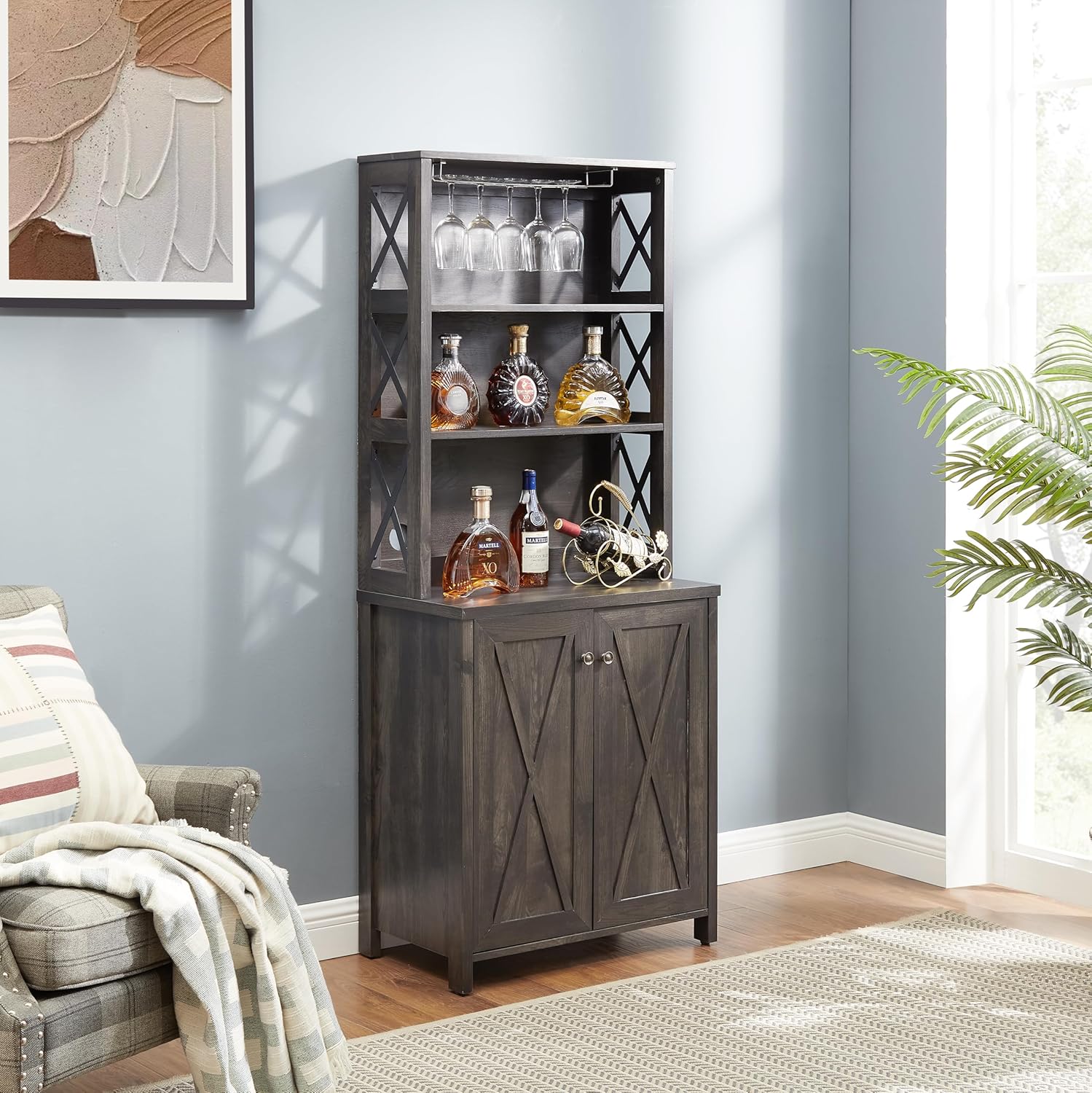 CHARMMA Coffee Bar Cabinet Kitchen Cabinet with Microwave Stand Metal Frame Side Home Source Bar Cabinet Cabinet and Hollow out Barn Design Wood Cabinet L26.77''*W15.75''*H67.32'' Charcoal Gray