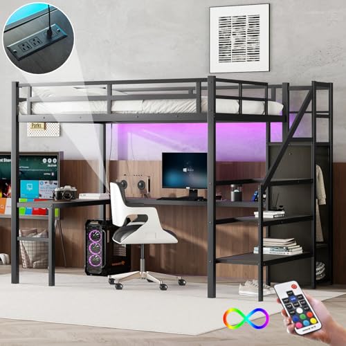 Twin XL Industrial Metal Loft Bed with L-Shaped Desk, USB, LED, Wardrobe, Adjustable Shelves, and Stairs (Black)