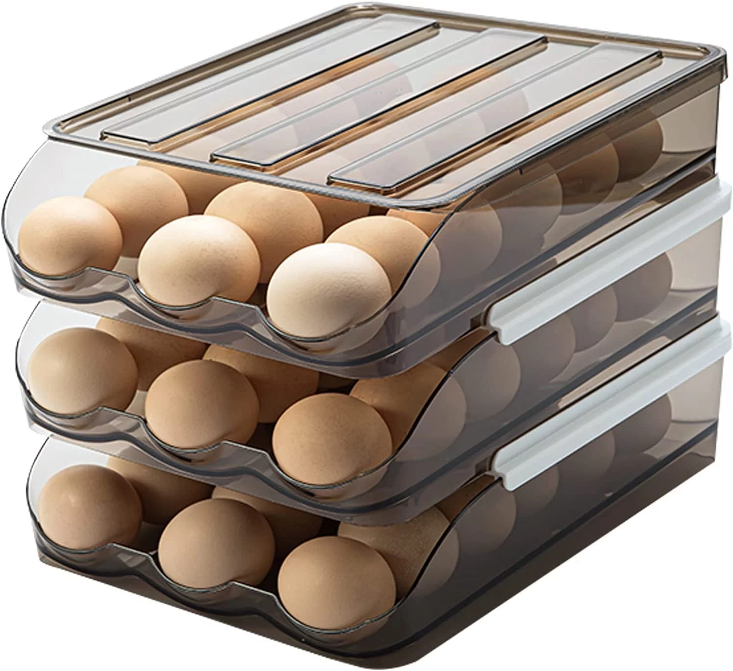 SUNFICON Large Capacity Auto Rolling Egg Holder for Refrigerator, Egg Fresh Storage Box for Fridge, Egg Storage Container Organizer Bin, Crystal Gray Plastic Storage Container (3 Layers)