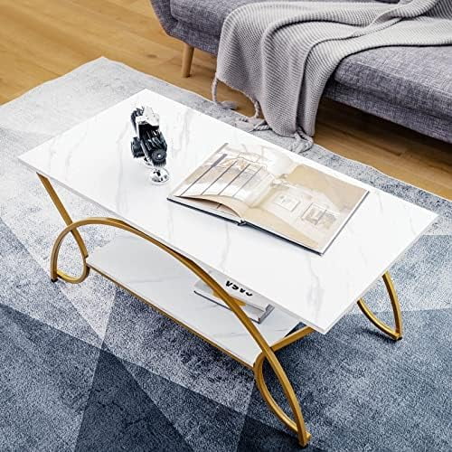 Marble Coffee Table, 2-Tier Modern Faux Marble Accent Table With Storage And Finished Metal Frame, Chic Rectangular End Table For Living Room Office Lounge