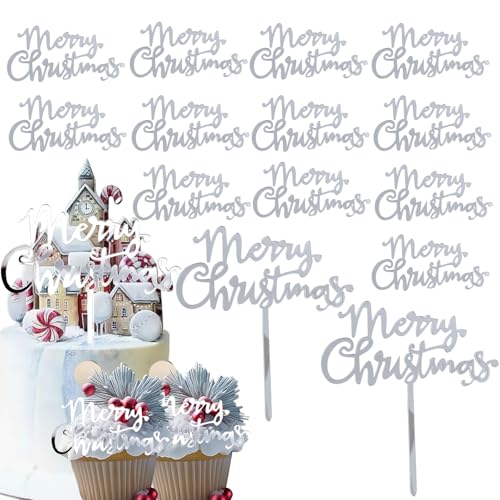 12 Pcs Christmas Cake Toppers Acrylic Mirror Merry Christmas Cupcake Topper for Winter Xmas Holiday Party Supplies (12, Gold)