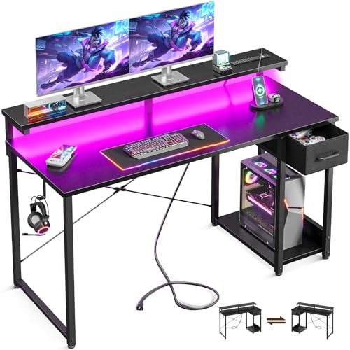MOTPK Gaming Desk with LED Lights & Power Outlet, 48 Inch Computer Desk with Drawer, Reversible Table with Monitor Shelf & Headphone Hook for Home Office, Black