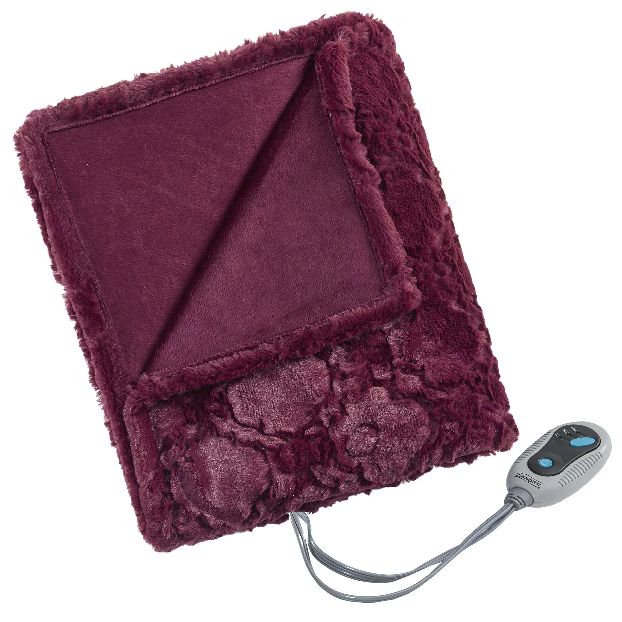 Beautyrest Electric Throw Heated Blanket Brushed Long Faux Fur Burgundy Oversized 50
