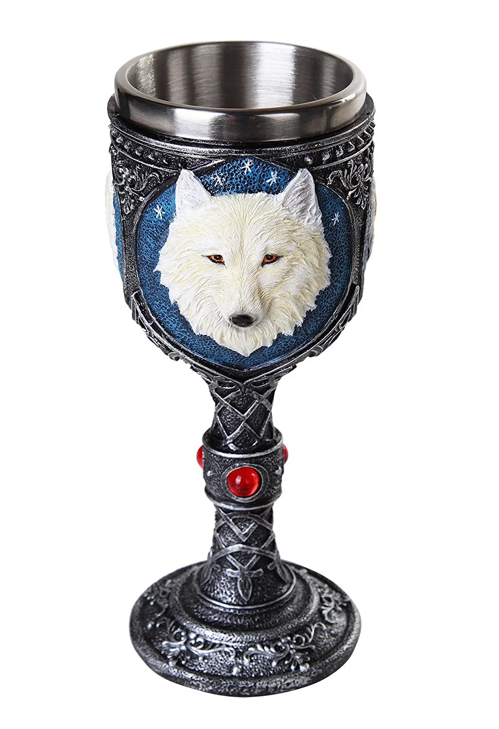 Ebros Lone Spirit White Wolf Celtic Magic 7oz Wine Chalice Goblet with Red Gemstone
