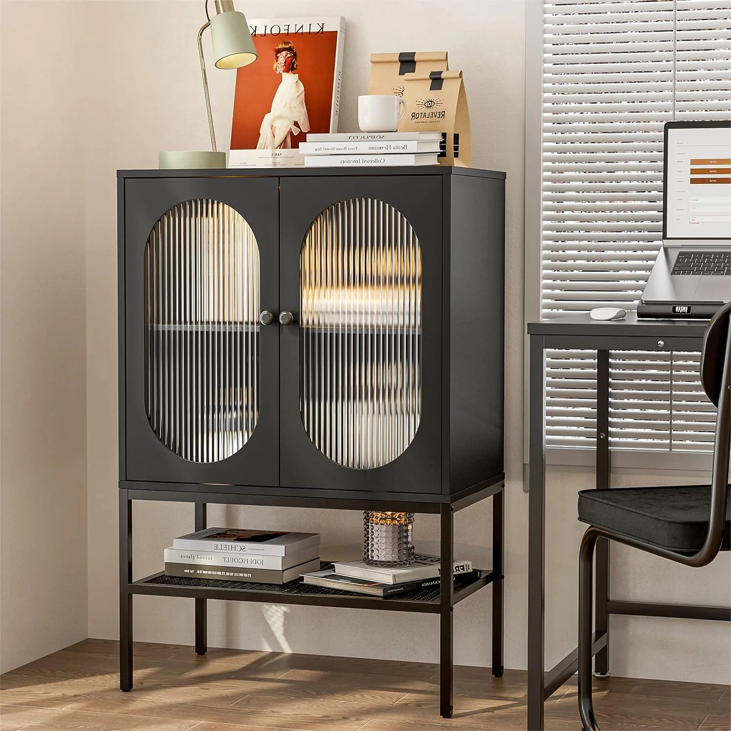 IKIFLY Glass Accent Sideboard Buffet Cabinet w/LED Lights, Modern Black Storage Cabinet with Adjustable Wide Shelf and Open Storage Space for Entryway Dining Room Living Room Bathroom