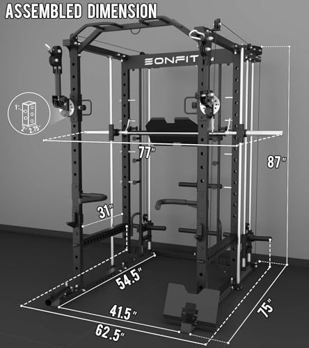 Eonfit E5 Smith Machine with Vertical Leg Press, Power Cage Squat Rack with LAT-Pull Down Cable Crossover Rotating Arms System Home Gym Equipment All in One (E5 RED)