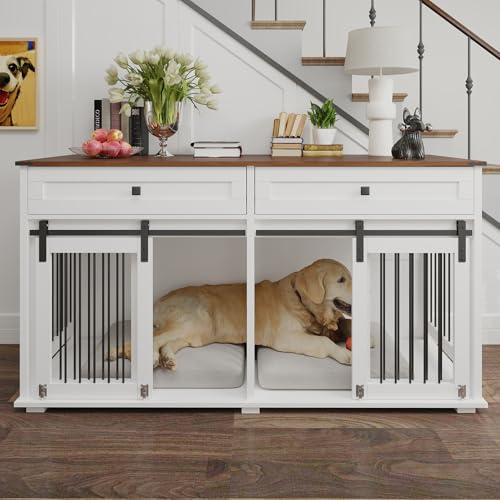 63'' Dog Crate Furniture for 2 Dogs, Wooden Dog Crate Table Furniture with 2 Storage Drawers, Indoor Dog Kennel with Divider and Double Sliding Doors, Large Pet House, White Cage Natural Wood Tabletop