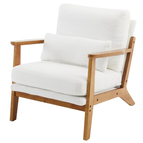 VINGLI Solid Wood Wide Armrests Accent Chair,Upholstered Mid Century Modern Chair with Pillow,Comfy Reading Chair Farmhouse Arm Chair,Chairs Living Room,Bedroom,Guest Room,Linen Fabric,Beige