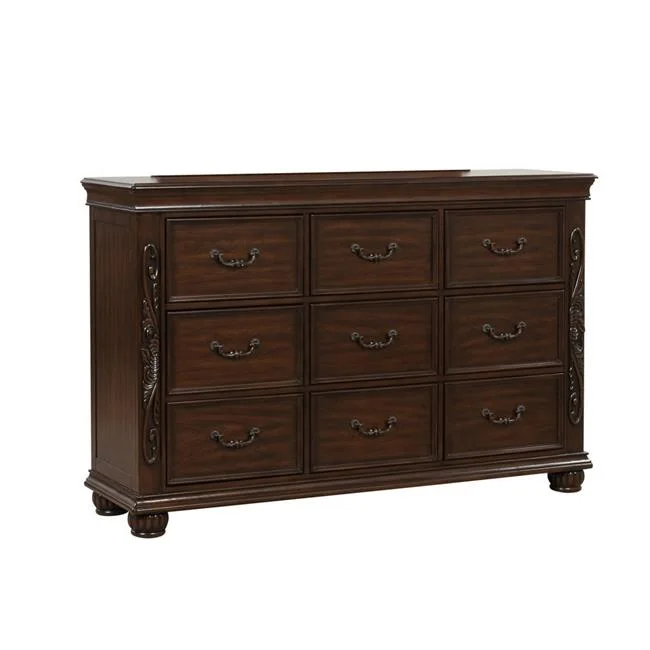 Benjara BM309534 64 in. Akil Floral Carved Wood Wide Dresser with 9 Drawers, Cherry Brown