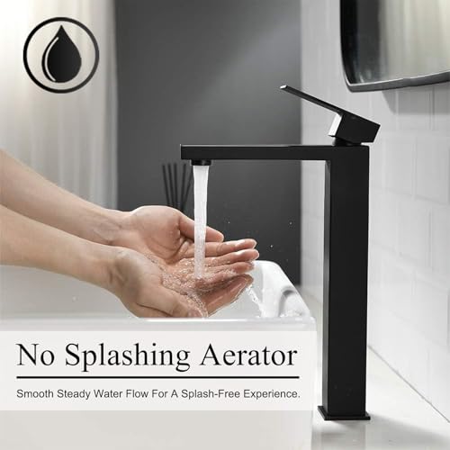 Friho Single Handle Matte Black Tall Bathroom Vessel Sink Faucet, Modern Vanity Basin Mixer Tap Bathroom Sink Faucet with Drain Pop up&Water Hoses, FRDC17914B