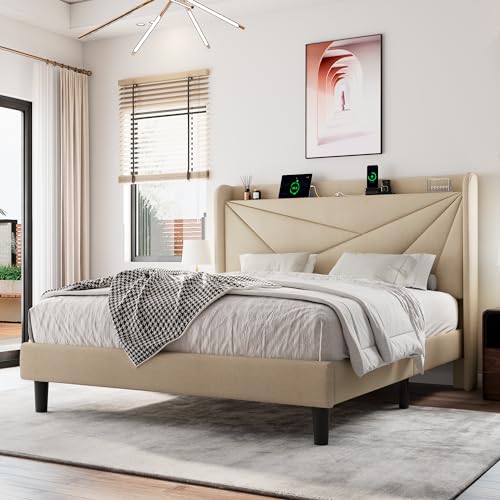 Full Size Upholstered Bed Frame with Charging Station, Platform Bed Frame with Storage Headboard, Solid Wood Slats Support, No Box Spring Needed, White