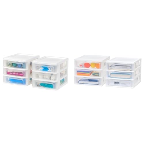 IRIS USA Medium 3-Drawer Desktop Organizer with Open Tray Top, 2 Pack, Plastic Drawer Storage Container for Stationery Art Craft Supplies, White
