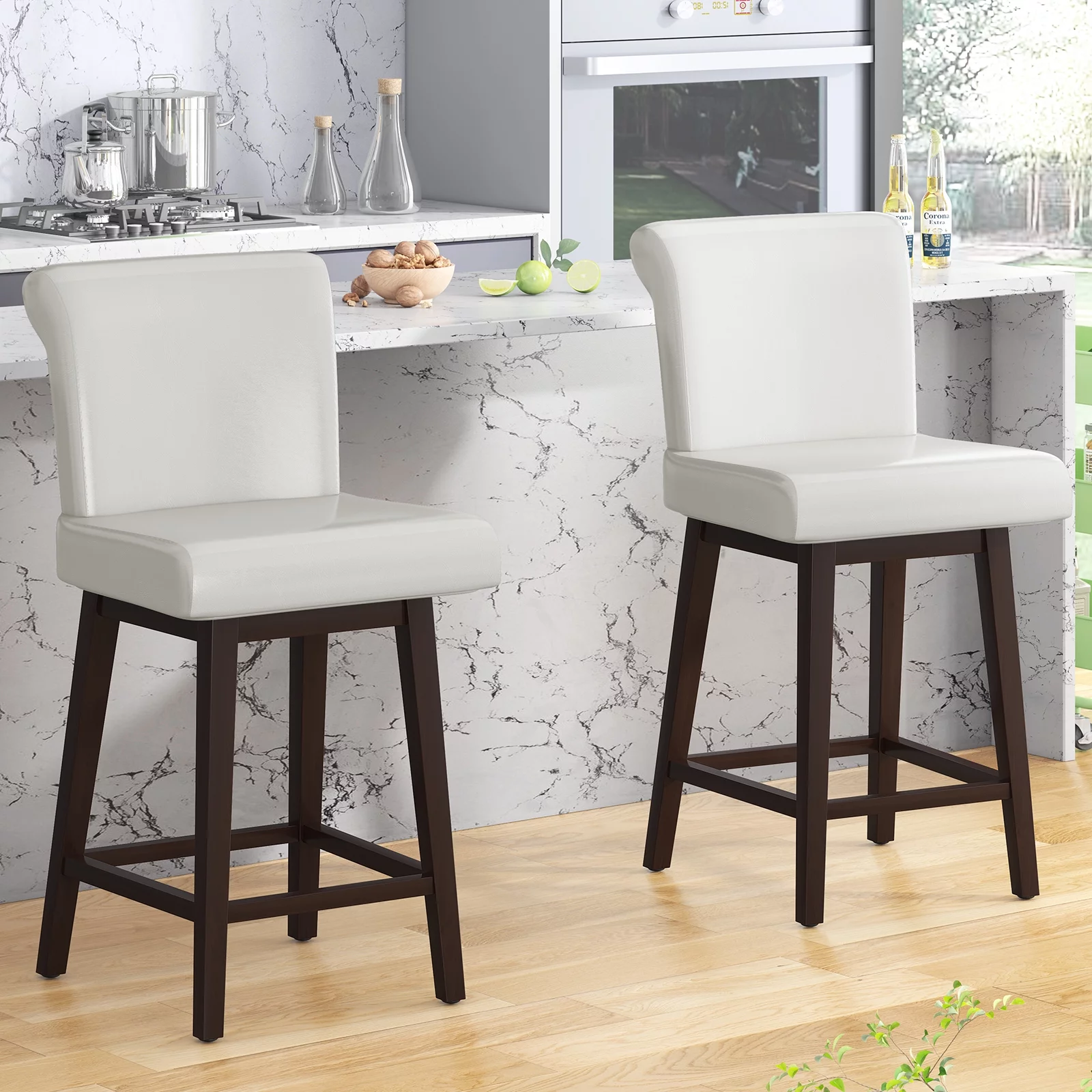 ZAFLY Bar Stools Set of 2, 360° Swivel Barstools with Backrests, Modern Height Swivel Counter Stools, Accent Wooden Bar Stools for Kitchen/Dining Room - White
